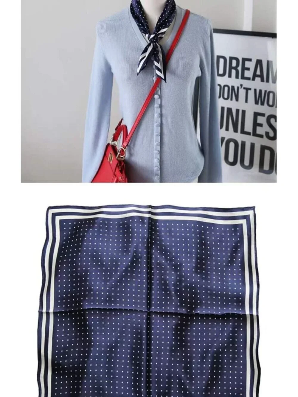 Women's Nvay Blue Polka Dot Scarf for Hair Digital Printed Headscarf Silk